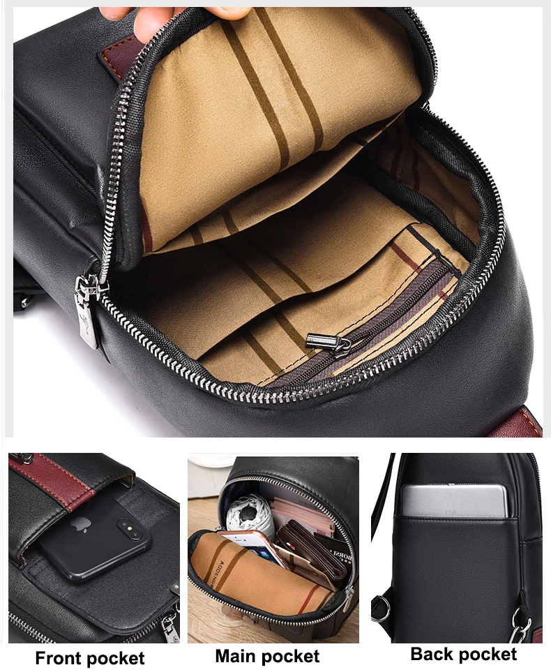 Men Leather Chest Bag Crossbody Sling Bag Casual Business Travel Shoulder Messenger Bag Black Brown