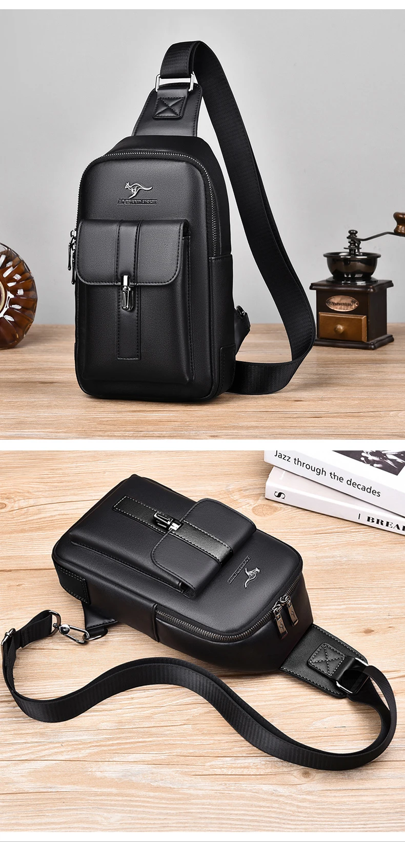 Men Leather Chest Bag Crossbody Sling Bag Casual Business Travel Shoulder Messenger Bag Black Brown