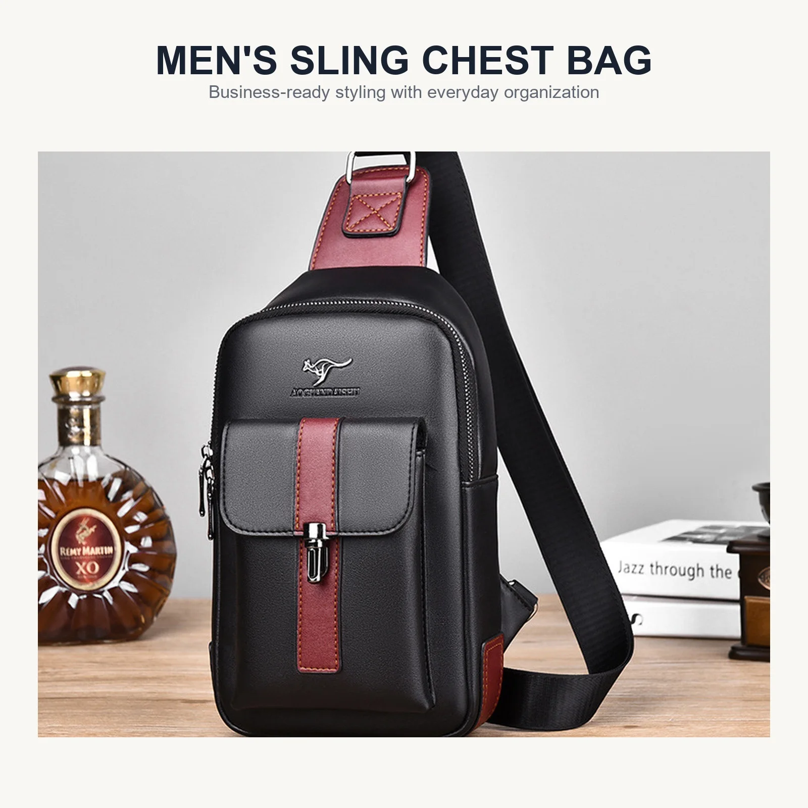 Men Leather Chest Bag Crossbody Sling Bag Casual Business Travel Shoulder Messenger Bag Black Brown