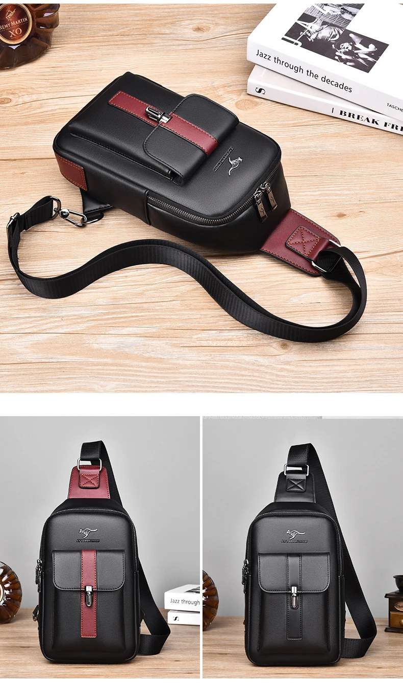 Men Leather Chest Bag Crossbody Sling Bag Casual Business Travel Shoulder Messenger Bag Black Brown