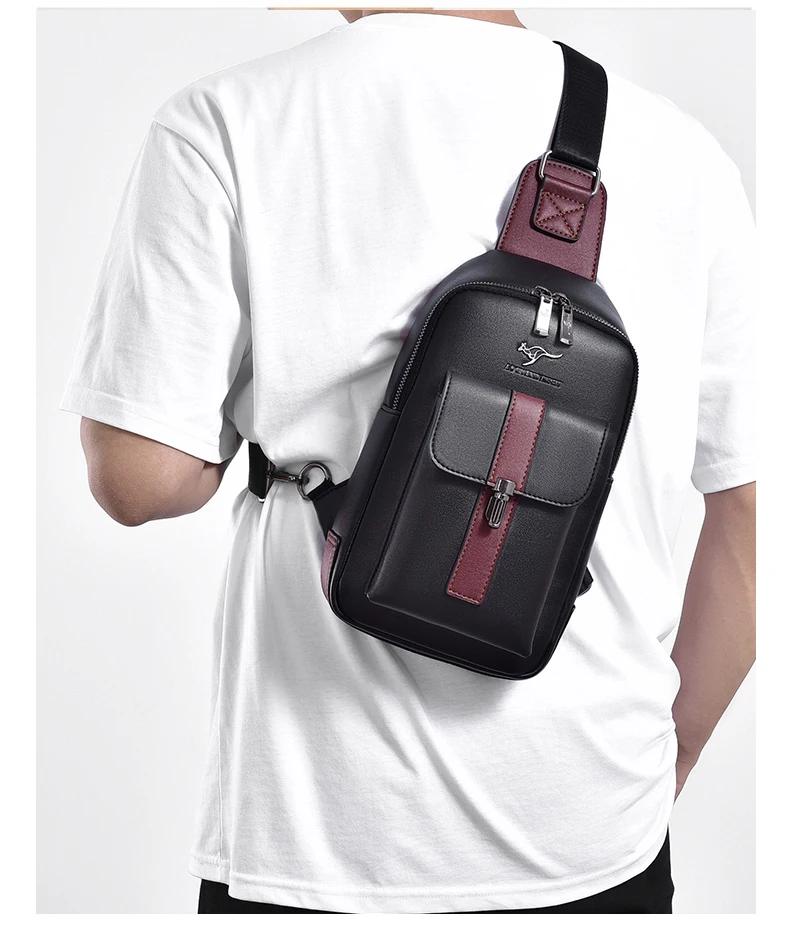 Men Leather Chest Bag Crossbody Sling Bag Casual Business Travel Shoulder Messenger Bag Black Brown