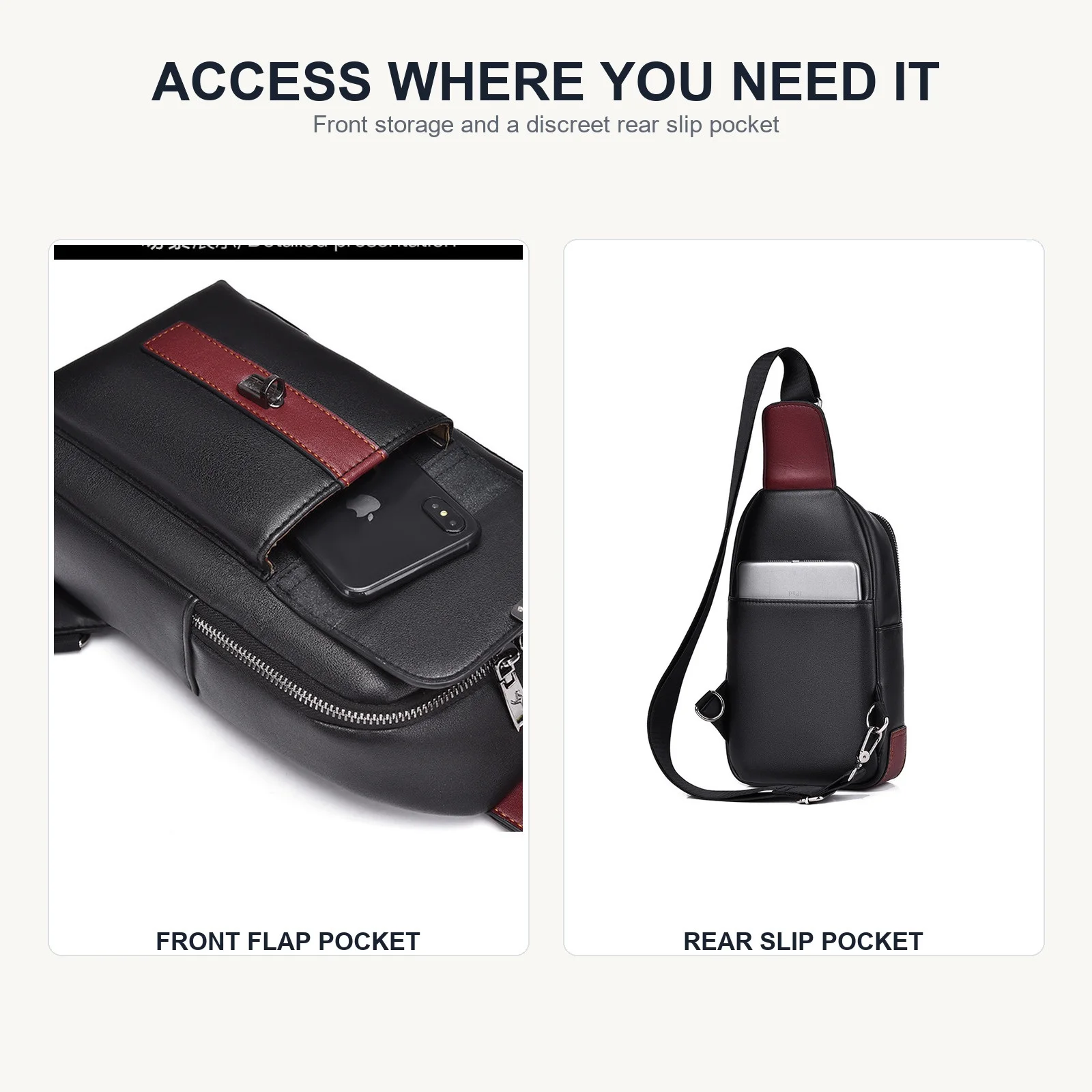 Men Leather Chest Bag Crossbody Sling Bag Casual Business Travel Shoulder Messenger Bag Black Brown