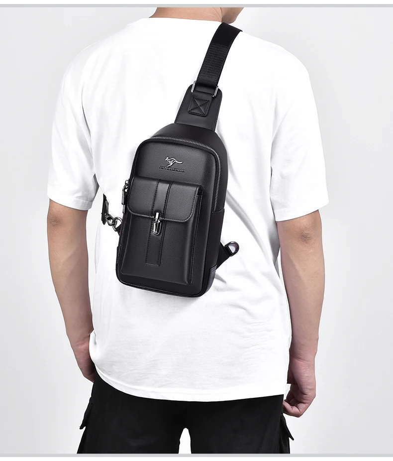Men Leather Chest Bag Crossbody Sling Bag Casual Business Travel Shoulder Messenger Bag Black Brown