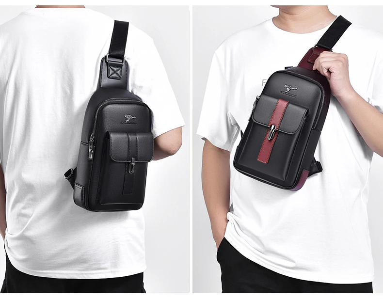 Men Leather Chest Bag Crossbody Sling Bag Casual Business Travel Shoulder Messenger Bag Black Brown