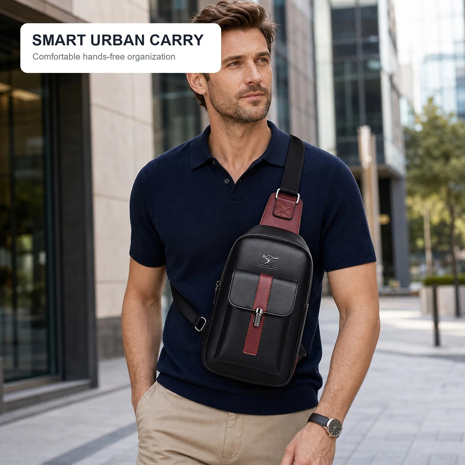 Men Leather Chest Bag Crossbody Sling Bag Casual Business Travel Shoulder Messenger Bag Black Brown