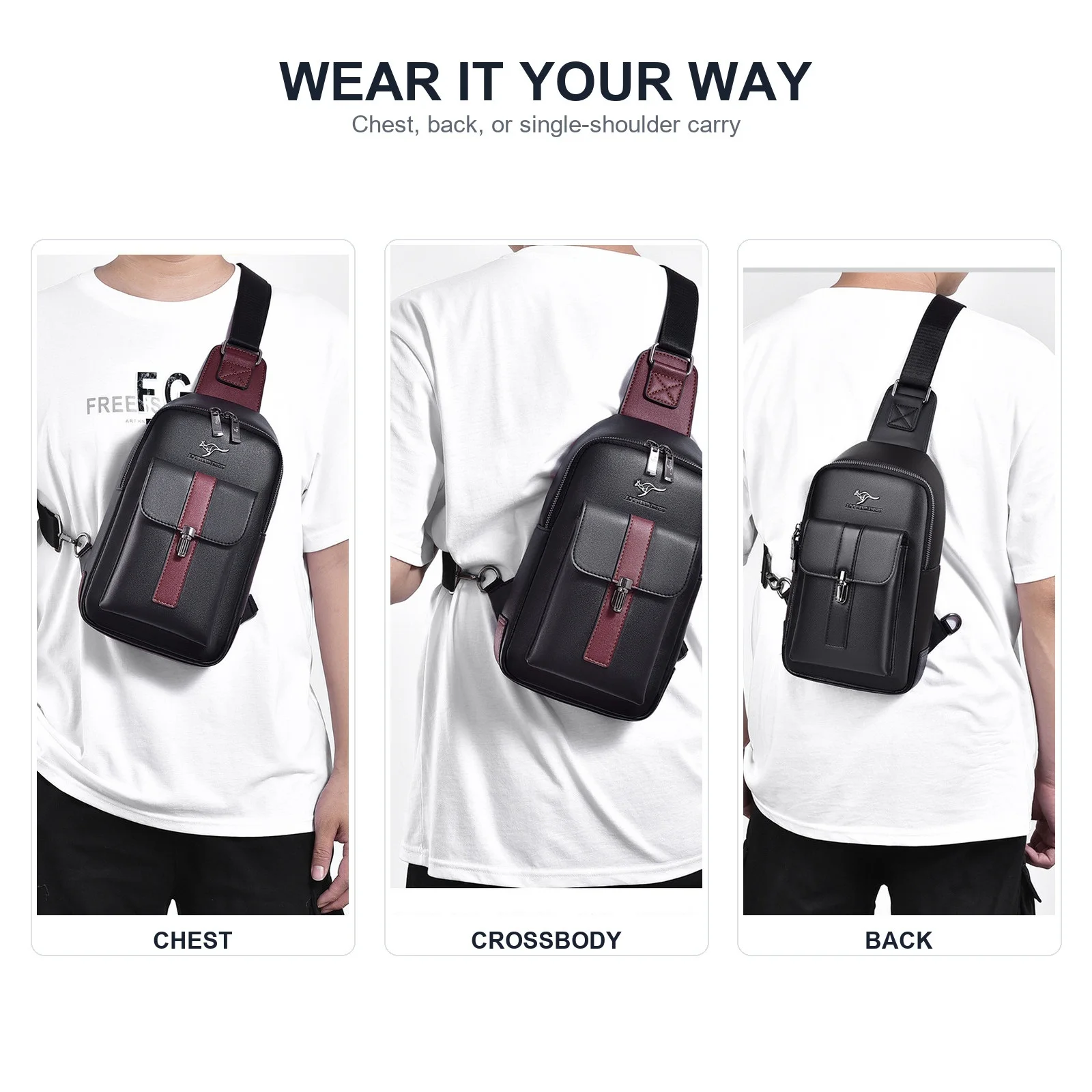 Men Leather Chest Bag Crossbody Sling Bag Casual Business Travel Shoulder Messenger Bag Black Brown
