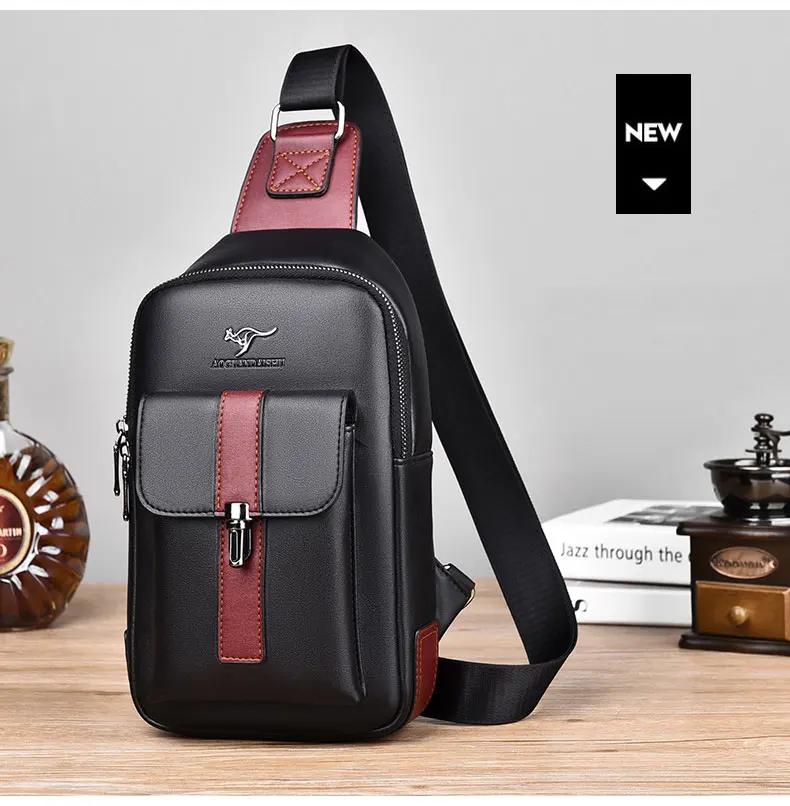 Men Leather Chest Bag Crossbody Sling Bag Casual Business Travel Shoulder Messenger Bag Black Brown