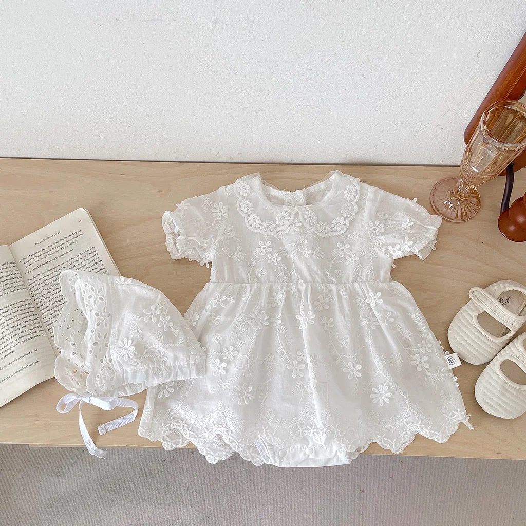 Newborn Baby Girl Short Sleeve Embroidery Cotton Romper Dress Infant Girls Princess Skirt Baby Baptism Clothes