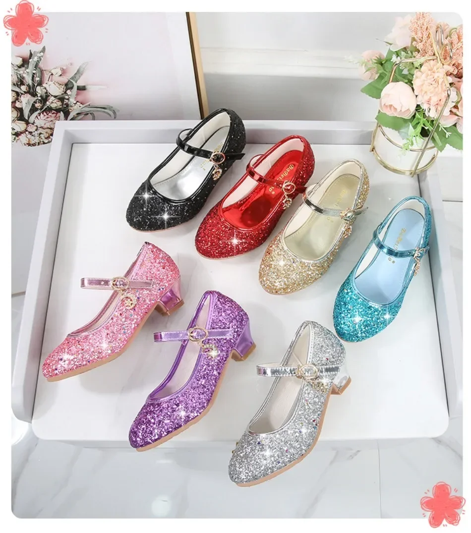 Girls Shoes Children High Heel Glitter Crystal Sandals Fashion Buckle Kids Princess Dance Shoe Student Performance Leather Shoes