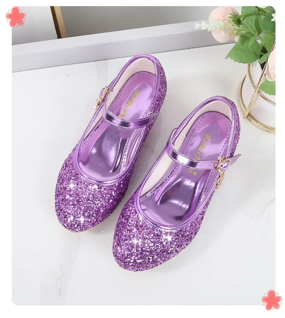 Girls Shoes Children High Heel Glitter Crystal Sandals Fashion Buckle Kids Princess Dance Shoe Student Performance Leather Shoes