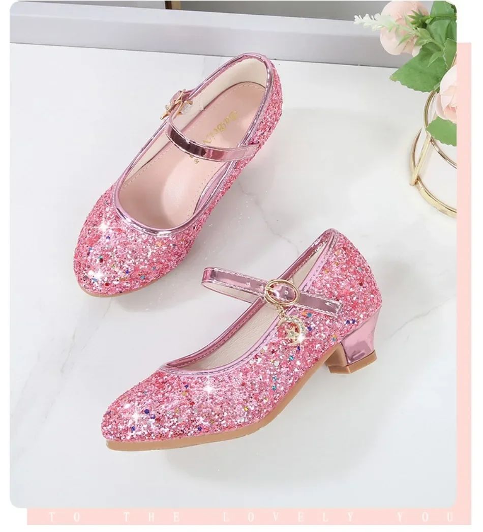 Girls Shoes Children High Heel Glitter Crystal Sandals Fashion Buckle Kids Princess Dance Shoe Student Performance Leather Shoes