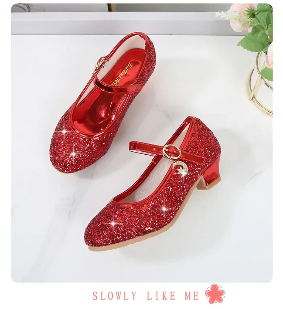 Girls Shoes Children High Heel Glitter Crystal Sandals Fashion Buckle Kids Princess Dance Shoe Student Performance Leather Shoes