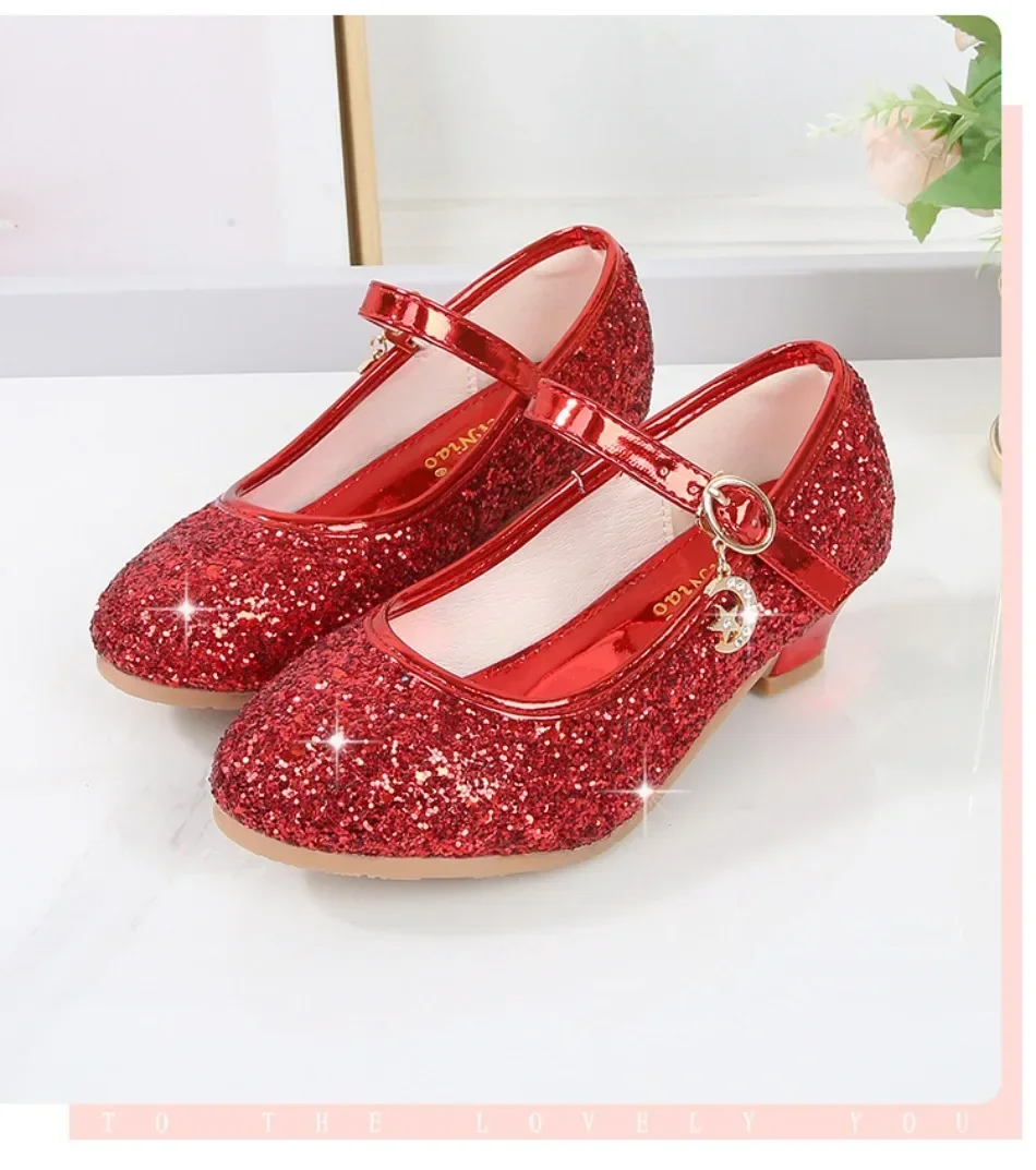 Girls Shoes Children High Heel Glitter Crystal Sandals Fashion Buckle Kids Princess Dance Shoe Student Performance Leather Shoes