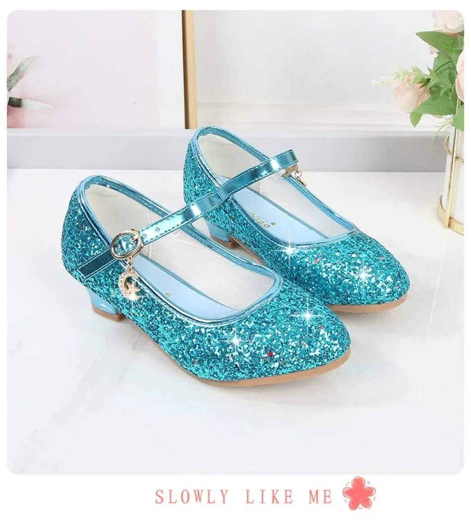 Girls Shoes Children High Heel Glitter Crystal Sandals Fashion Buckle Kids Princess Dance Shoe Student Performance Leather Shoes