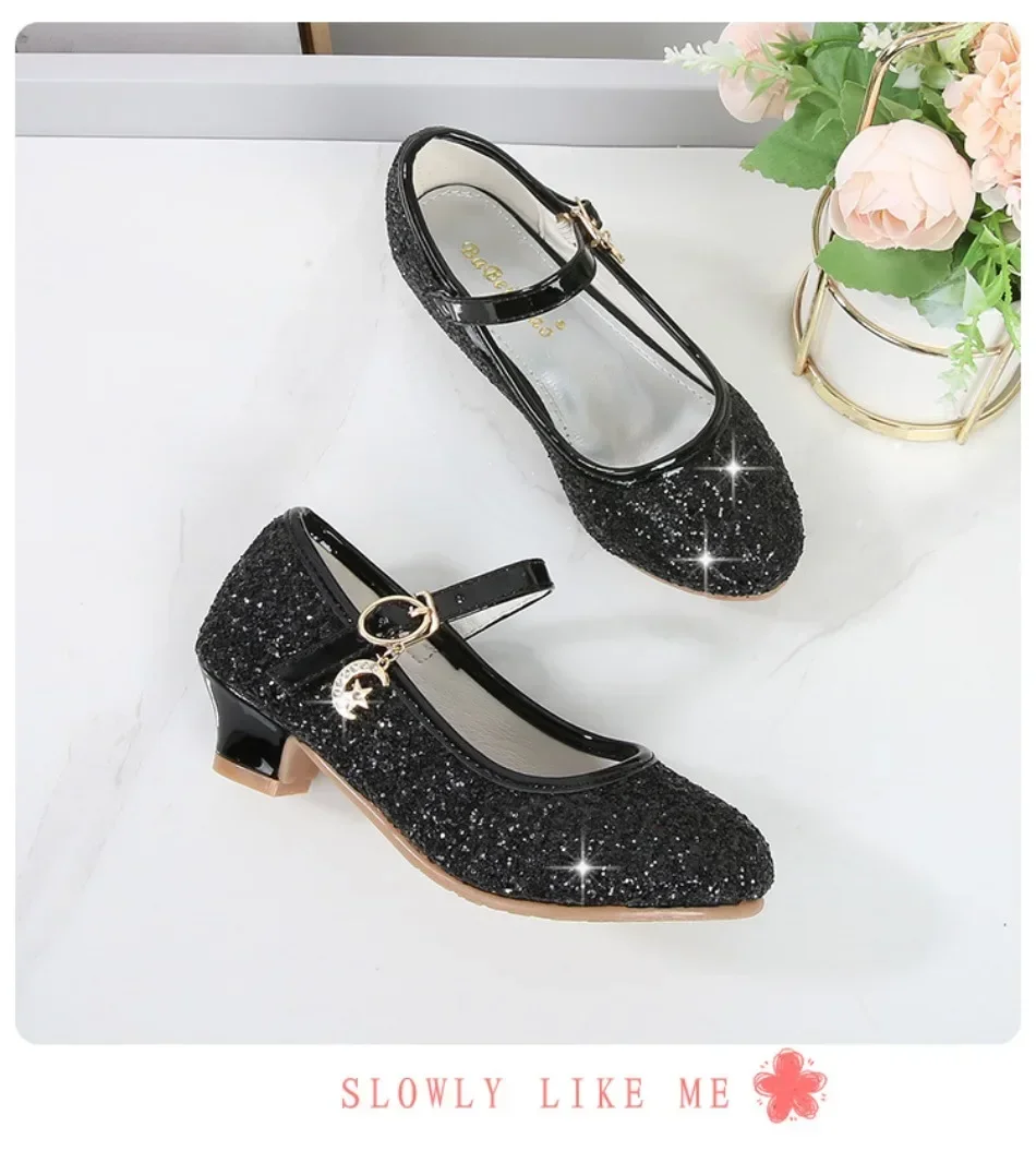 Girls Shoes Children High Heel Glitter Crystal Sandals Fashion Buckle Kids Princess Dance Shoe Student Performance Leather Shoes