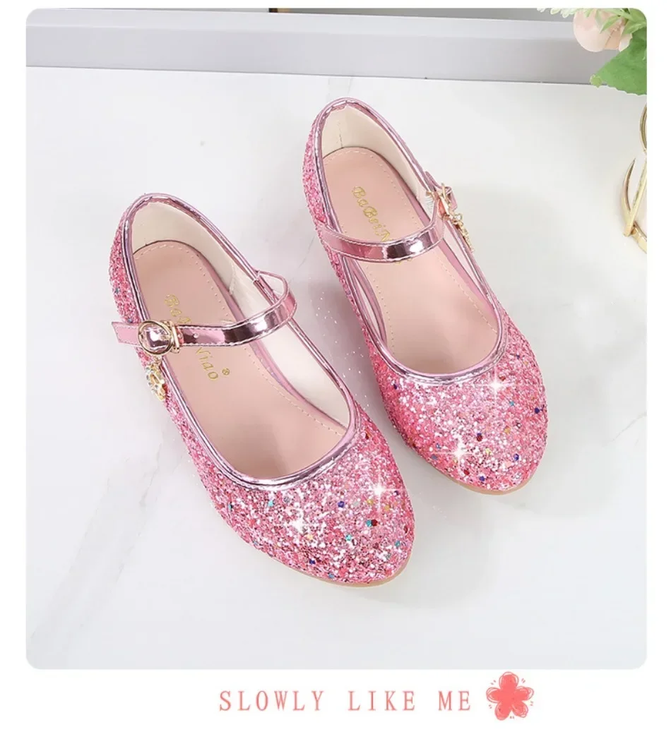 Girls Shoes Children High Heel Glitter Crystal Sandals Fashion Buckle Kids Princess Dance Shoe Student Performance Leather Shoes