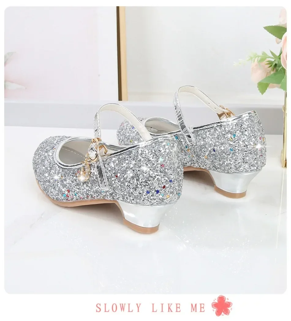 Girls Shoes Children High Heel Glitter Crystal Sandals Fashion Buckle Kids Princess Dance Shoe Student Performance Leather Shoes