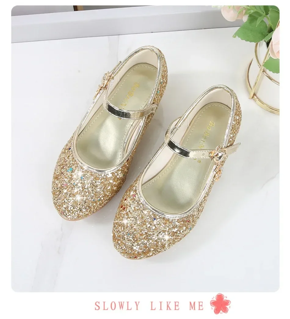 Girls Shoes Children High Heel Glitter Crystal Sandals Fashion Buckle Kids Princess Dance Shoe Student Performance Leather Shoes