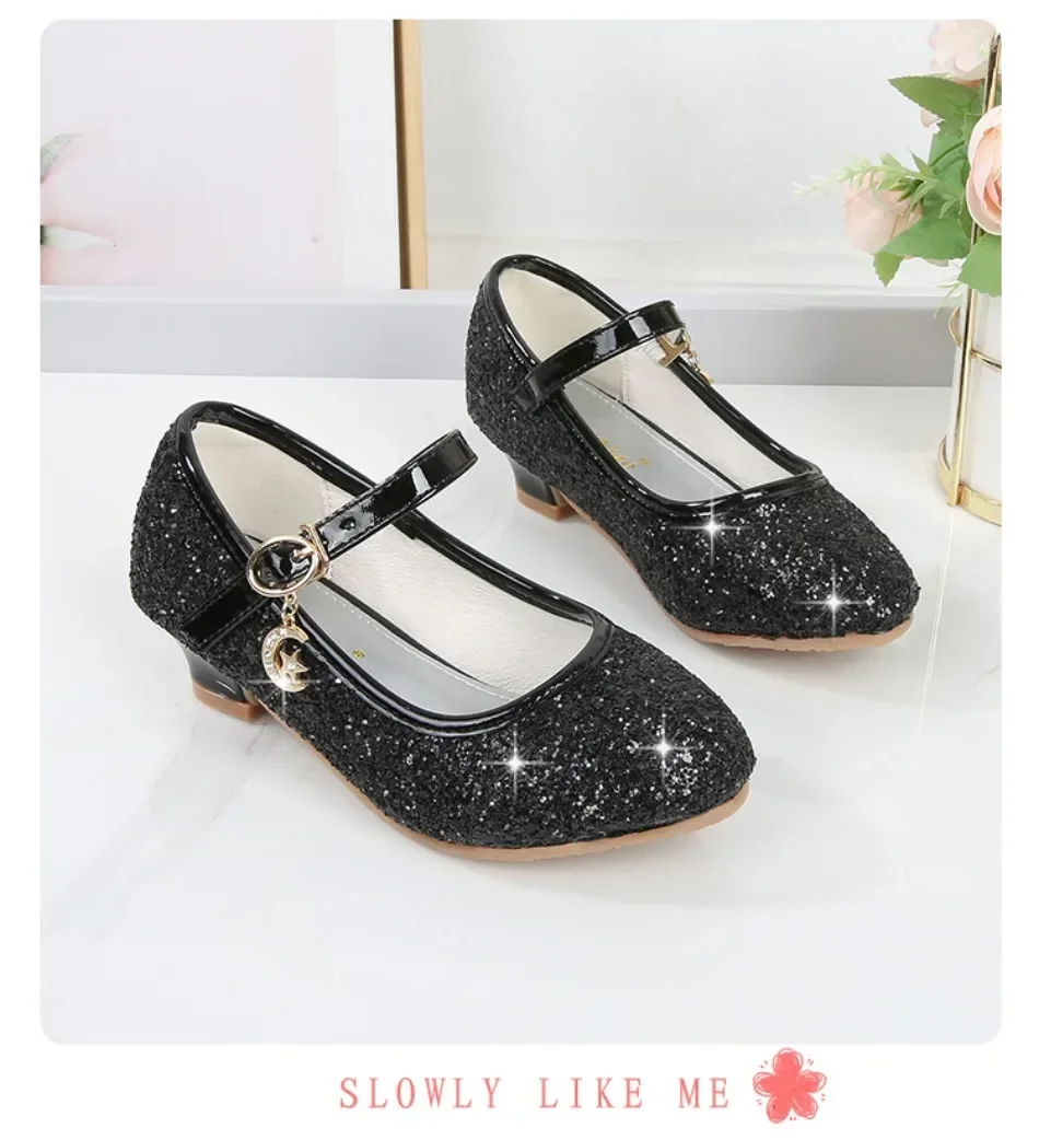 Girls Shoes Children High Heel Glitter Crystal Sandals Fashion Buckle Kids Princess Dance Shoe Student Performance Leather Shoes