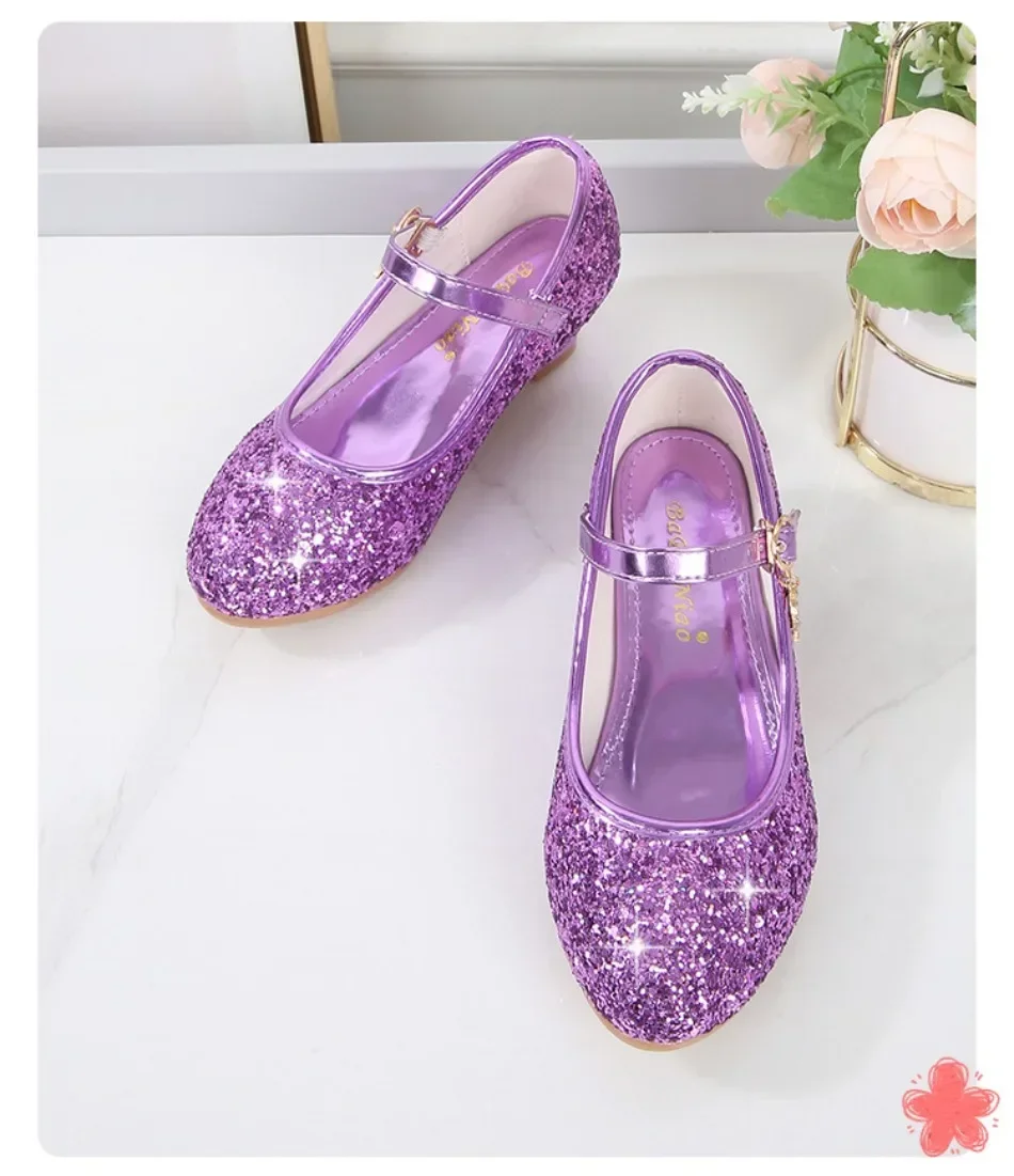 Girls Shoes Children High Heel Glitter Crystal Sandals Fashion Buckle Kids Princess Dance Shoe Student Performance Leather Shoes