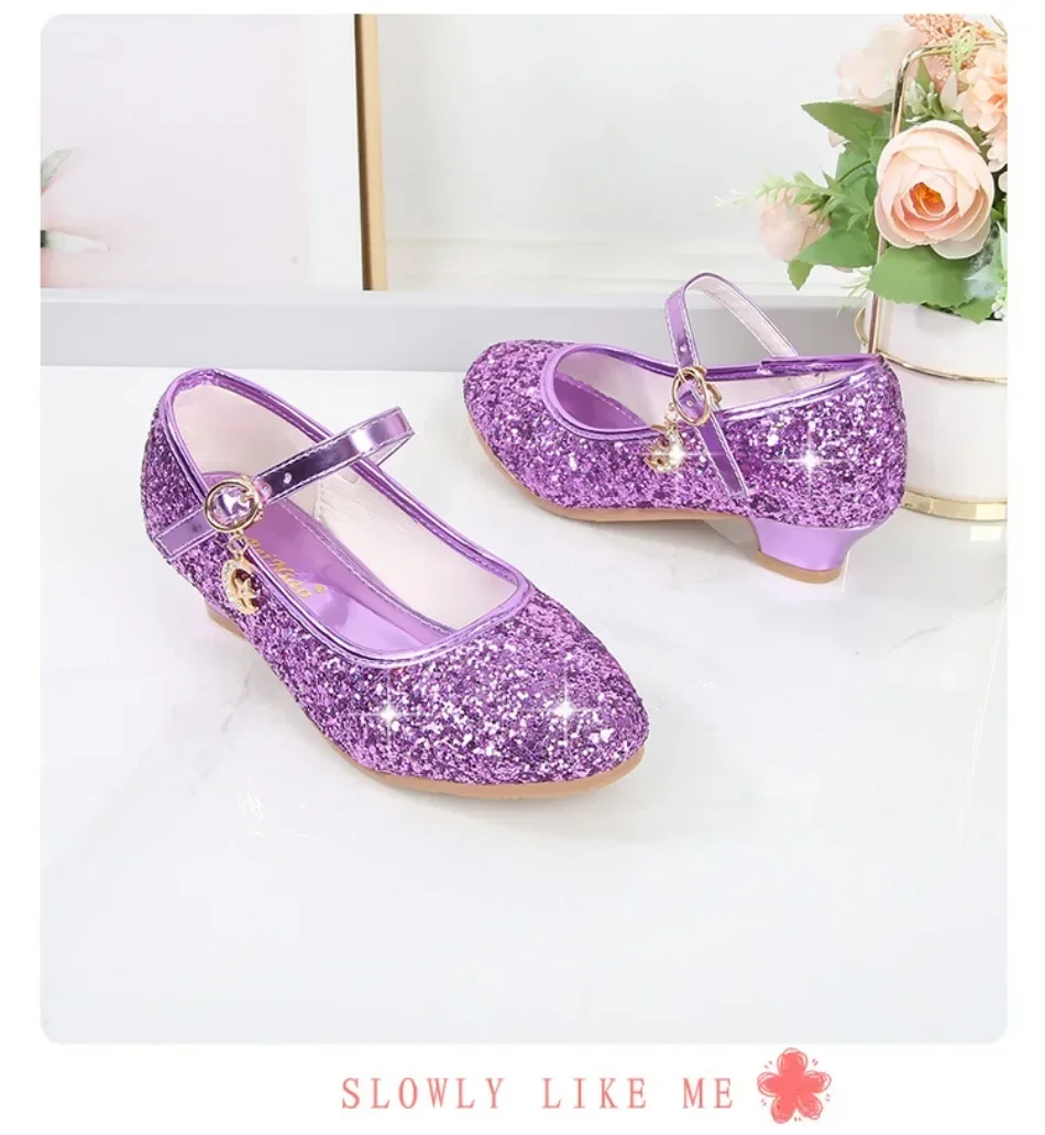 Girls Shoes Children High Heel Glitter Crystal Sandals Fashion Buckle Kids Princess Dance Shoe Student Performance Leather Shoes