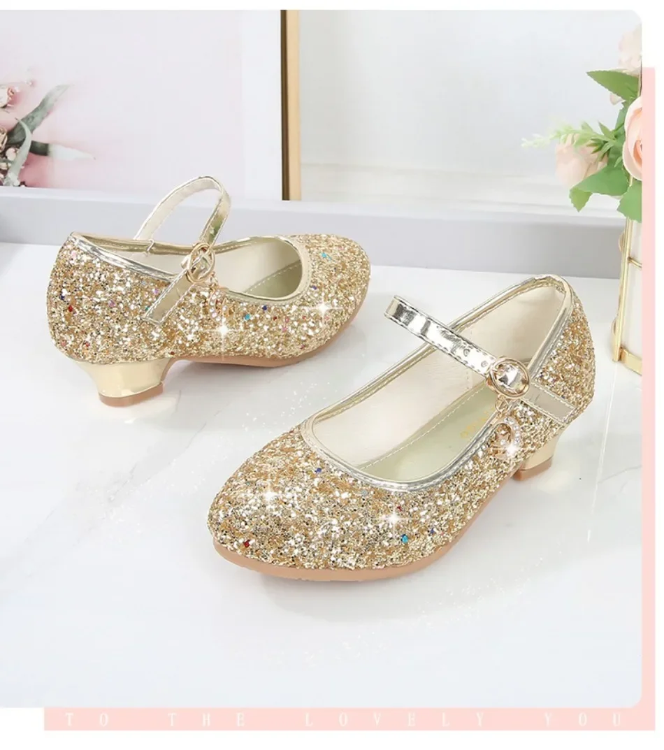 Girls Shoes Children High Heel Glitter Crystal Sandals Fashion Buckle Kids Princess Dance Shoe Student Performance Leather Shoes