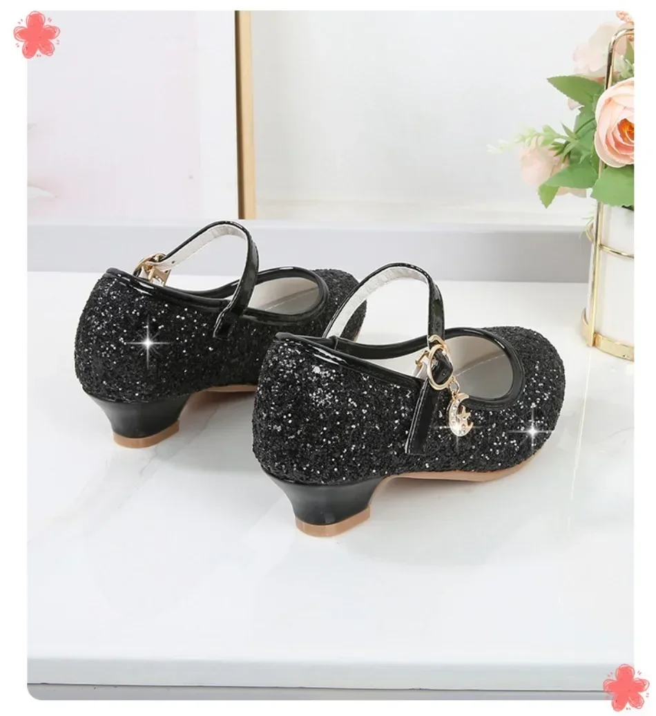 Girls Shoes Children High Heel Glitter Crystal Sandals Fashion Buckle Kids Princess Dance Shoe Student Performance Leather Shoes