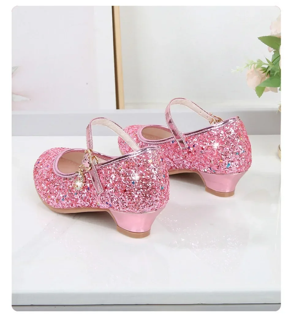 Girls Shoes Children High Heel Glitter Crystal Sandals Fashion Buckle Kids Princess Dance Shoe Student Performance Leather Shoes