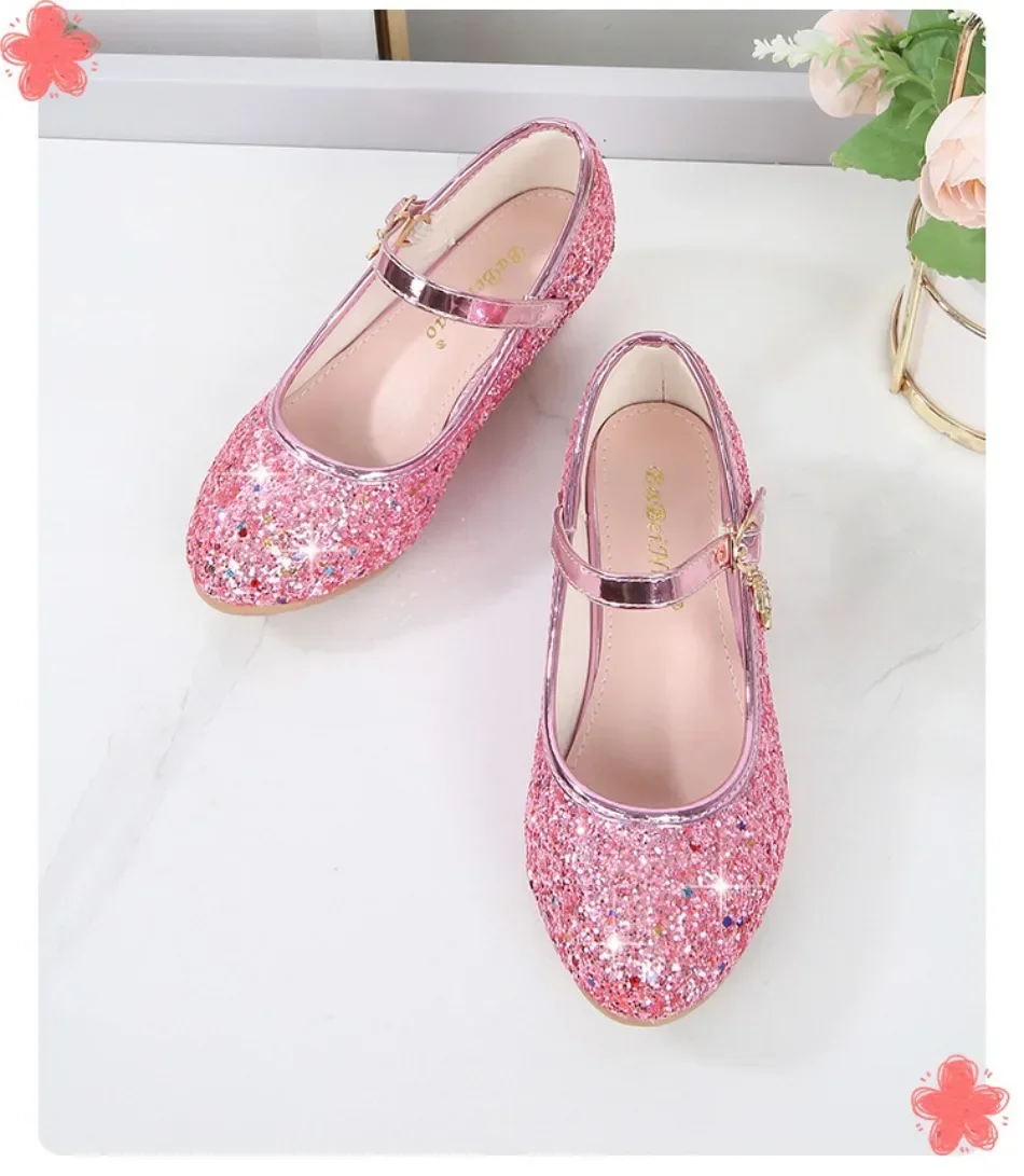 Girls Shoes Children High Heel Glitter Crystal Sandals Fashion Buckle Kids Princess Dance Shoe Student Performance Leather Shoes
