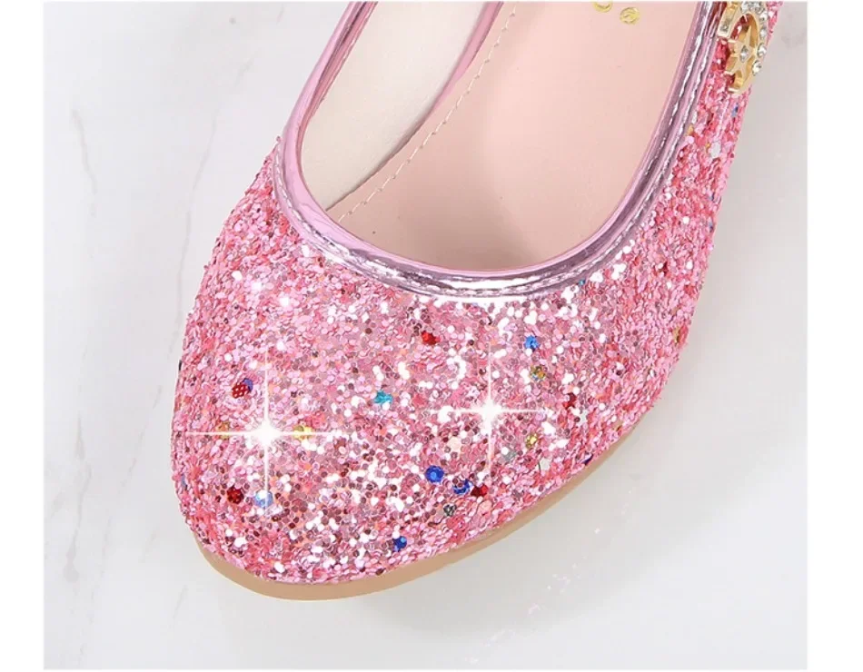 Girls Shoes Children High Heel Glitter Crystal Sandals Fashion Buckle Kids Princess Dance Shoe Student Performance Leather Shoes