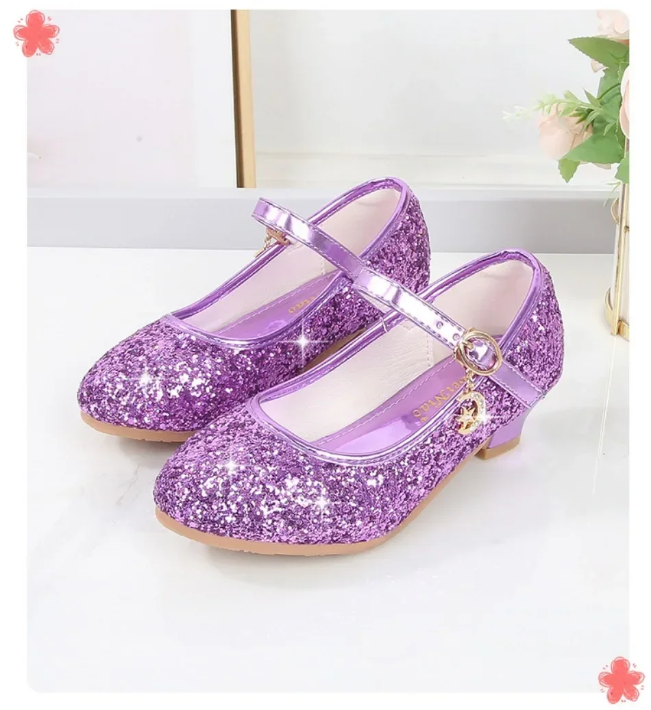 Girls Shoes Children High Heel Glitter Crystal Sandals Fashion Buckle Kids Princess Dance Shoe Student Performance Leather Shoes