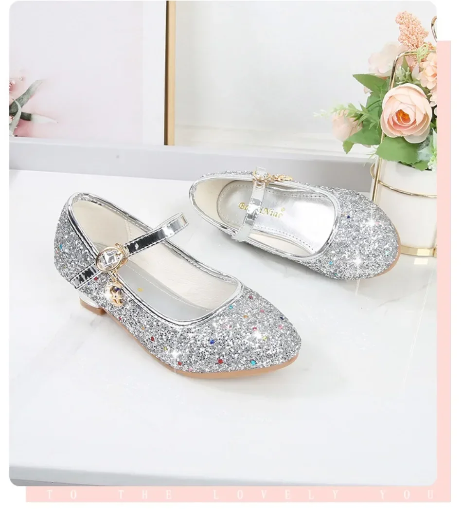 Girls Shoes Children High Heel Glitter Crystal Sandals Fashion Buckle Kids Princess Dance Shoe Student Performance Leather Shoes