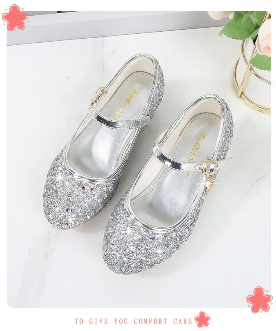 Girls Shoes Children High Heel Glitter Crystal Sandals Fashion Buckle Kids Princess Dance Shoe Student Performance Leather Shoes
