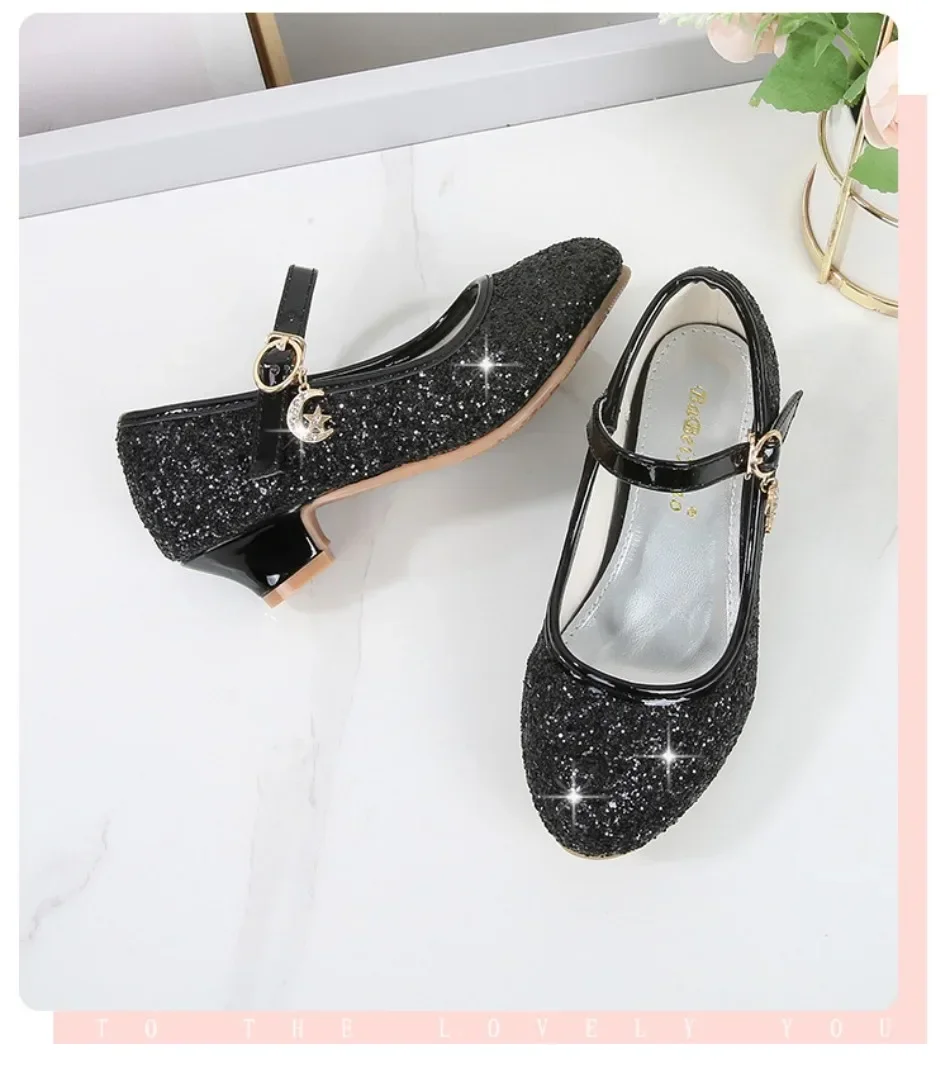 Girls Shoes Children High Heel Glitter Crystal Sandals Fashion Buckle Kids Princess Dance Shoe Student Performance Leather Shoes