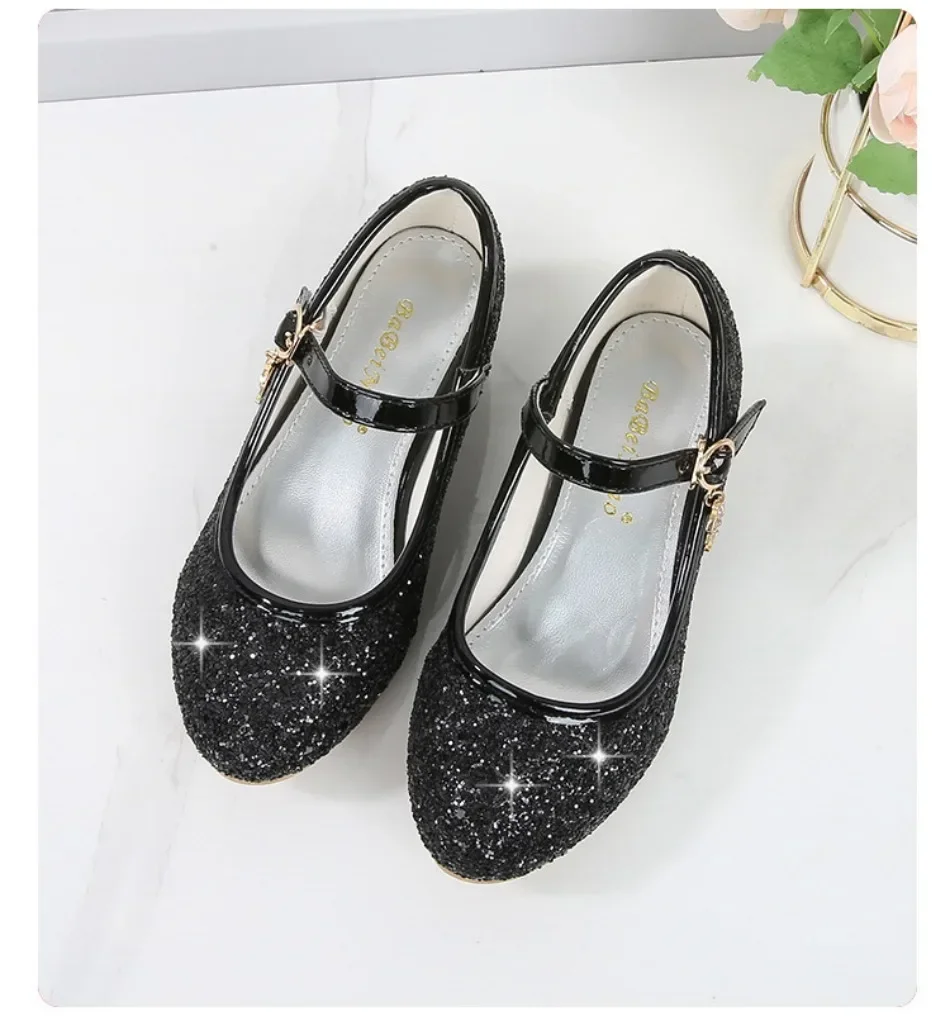 Girls Shoes Children High Heel Glitter Crystal Sandals Fashion Buckle Kids Princess Dance Shoe Student Performance Leather Shoes