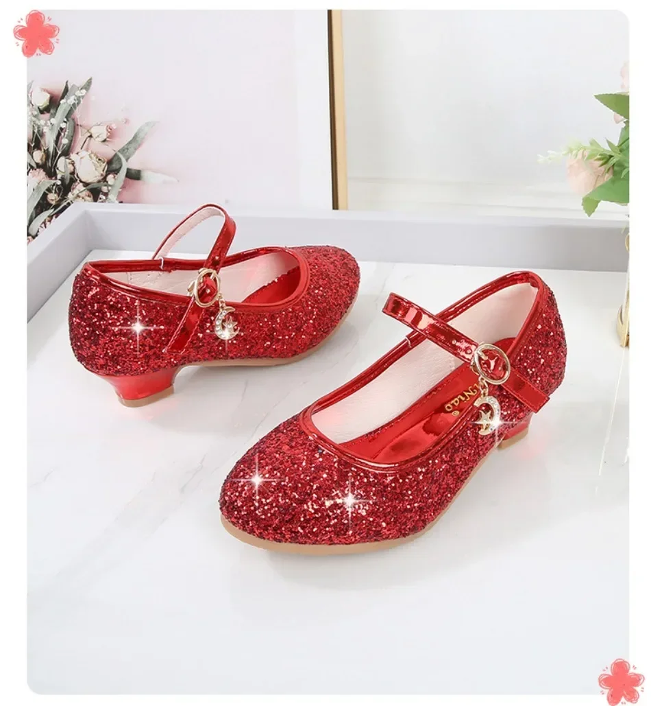 Girls Shoes Children High Heel Glitter Crystal Sandals Fashion Buckle Kids Princess Dance Shoe Student Performance Leather Shoes