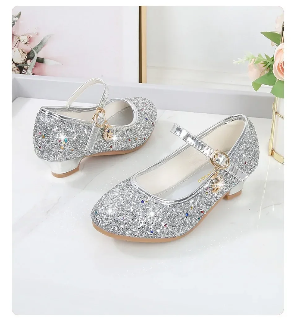 Girls Shoes Children High Heel Glitter Crystal Sandals Fashion Buckle Kids Princess Dance Shoe Student Performance Leather Shoes