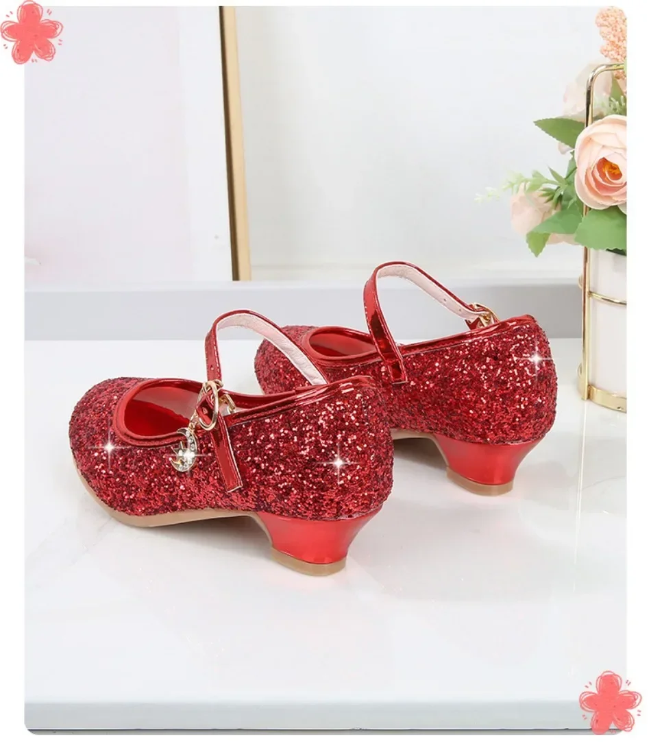 Girls Shoes Children High Heel Glitter Crystal Sandals Fashion Buckle Kids Princess Dance Shoe Student Performance Leather Shoes