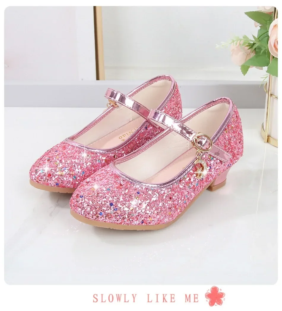 Girls Shoes Children High Heel Glitter Crystal Sandals Fashion Buckle Kids Princess Dance Shoe Student Performance Leather Shoes