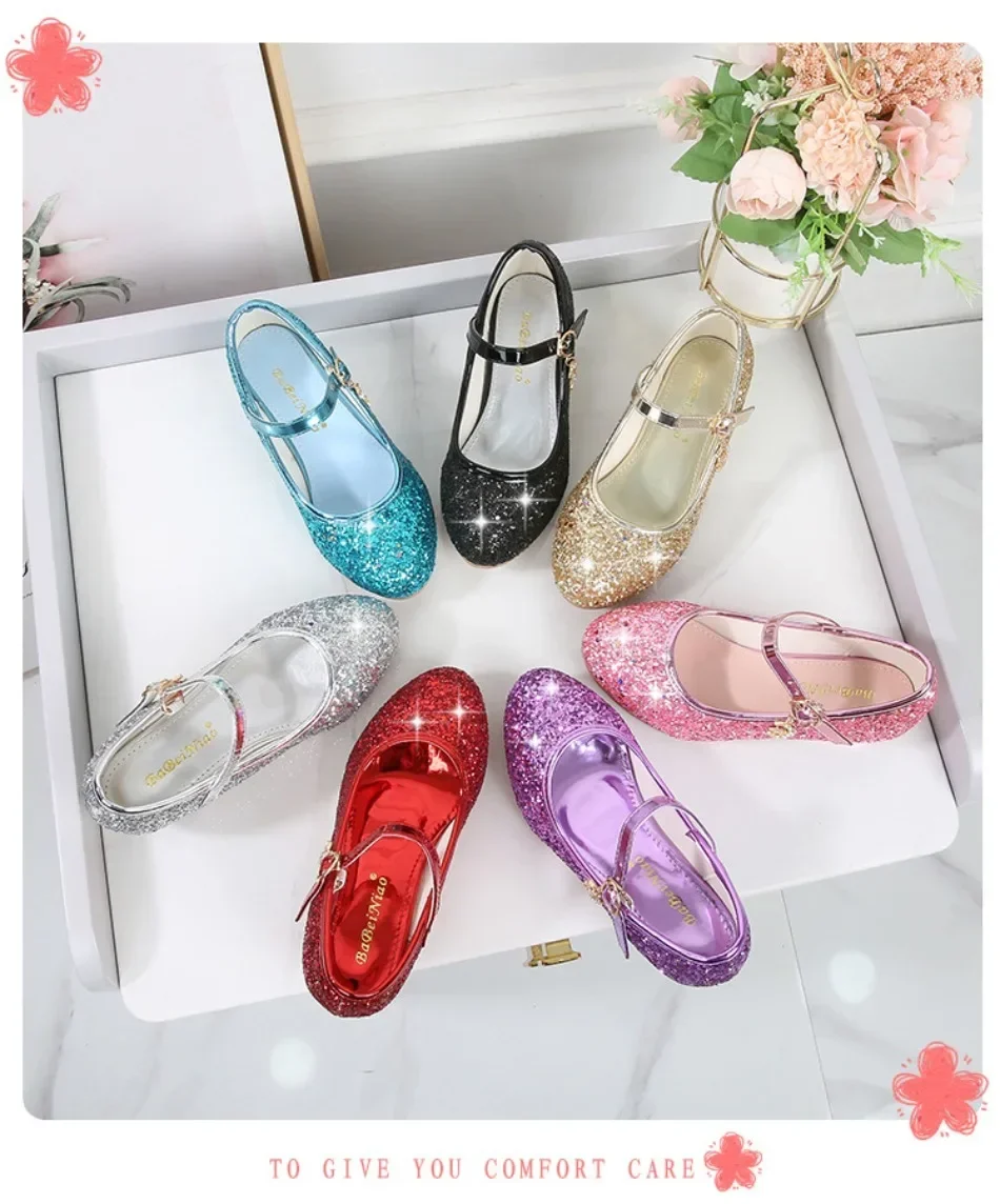Girls Shoes Children High Heel Glitter Crystal Sandals Fashion Buckle Kids Princess Dance Shoe Student Performance Leather Shoes