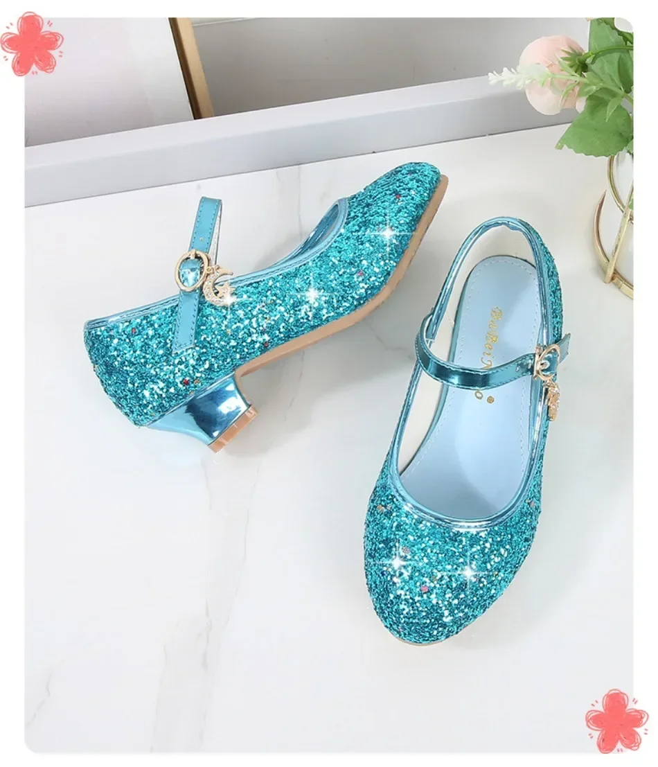 Girls Shoes Children High Heel Glitter Crystal Sandals Fashion Buckle Kids Princess Dance Shoe Student Performance Leather Shoes