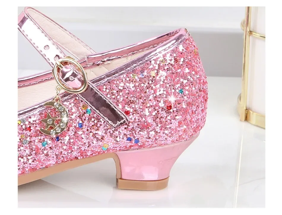 Girls Shoes Children High Heel Glitter Crystal Sandals Fashion Buckle Kids Princess Dance Shoe Student Performance Leather Shoes
