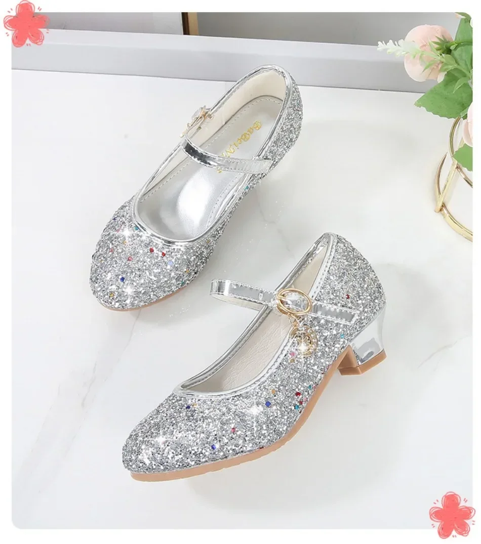 Girls Shoes Children High Heel Glitter Crystal Sandals Fashion Buckle Kids Princess Dance Shoe Student Performance Leather Shoes