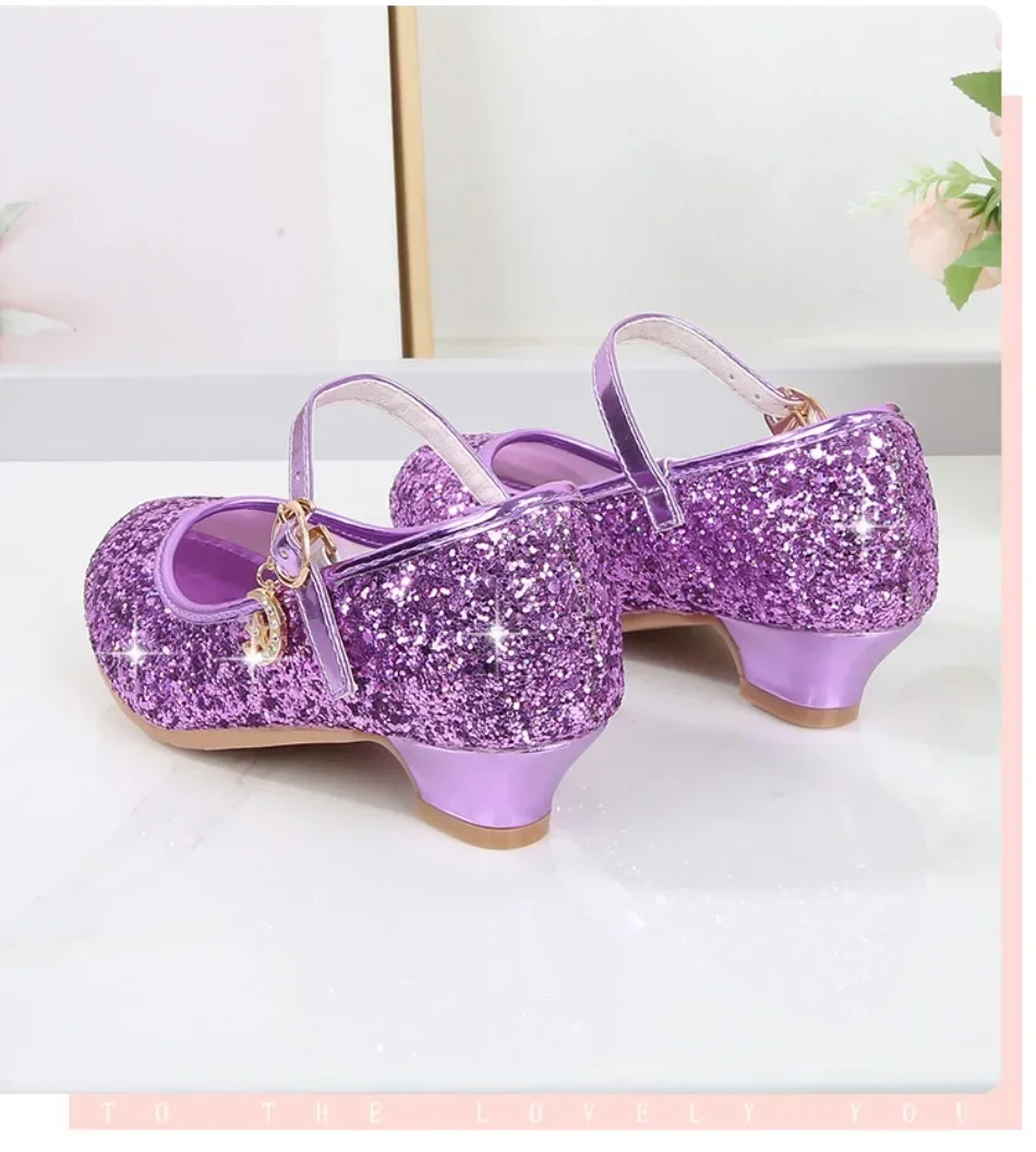 Girls Shoes Children High Heel Glitter Crystal Sandals Fashion Buckle Kids Princess Dance Shoe Student Performance Leather Shoes