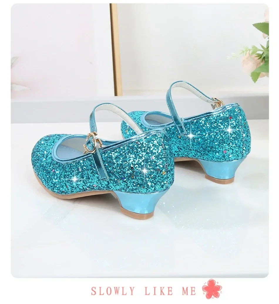 Girls Shoes Children High Heel Glitter Crystal Sandals Fashion Buckle Kids Princess Dance Shoe Student Performance Leather Shoes