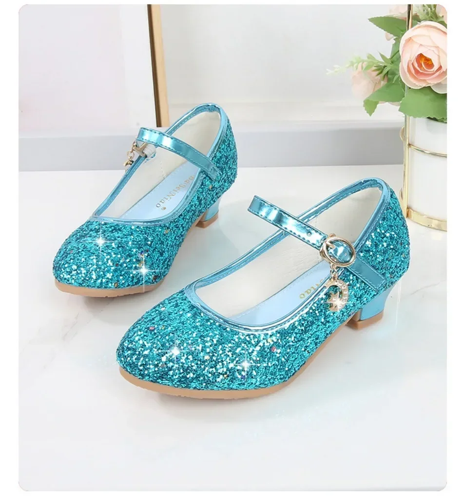 Girls Shoes Children High Heel Glitter Crystal Sandals Fashion Buckle Kids Princess Dance Shoe Student Performance Leather Shoes