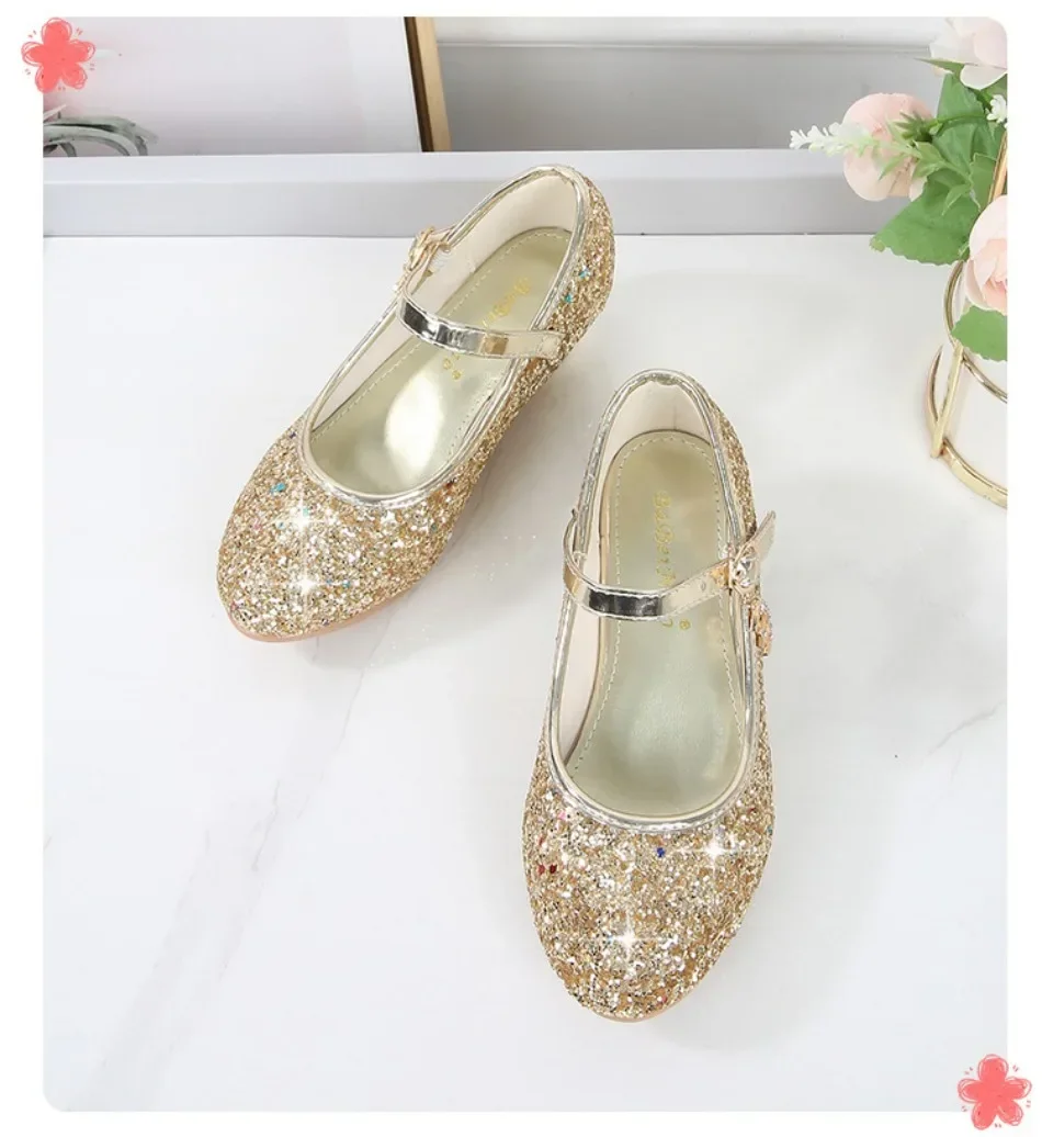 Girls Shoes Children High Heel Glitter Crystal Sandals Fashion Buckle Kids Princess Dance Shoe Student Performance Leather Shoes