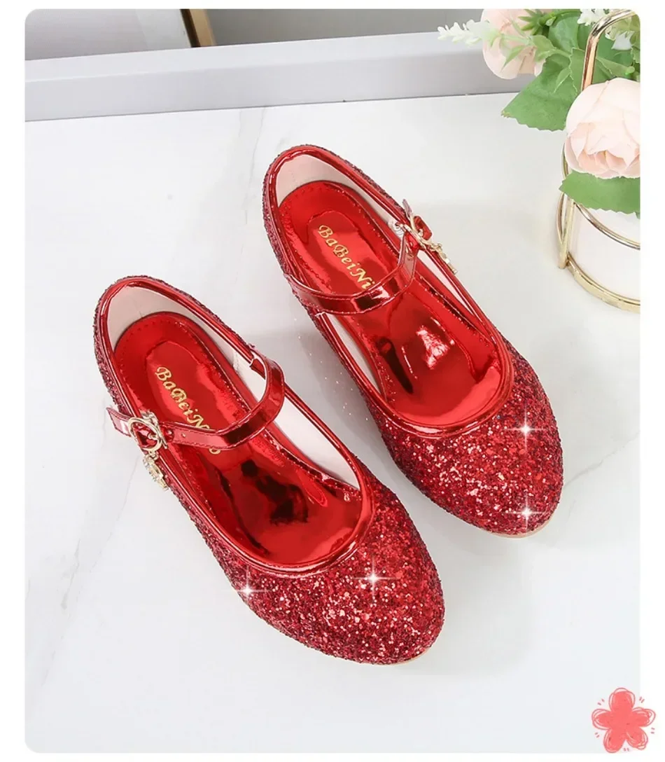 Girls Shoes Children High Heel Glitter Crystal Sandals Fashion Buckle Kids Princess Dance Shoe Student Performance Leather Shoes