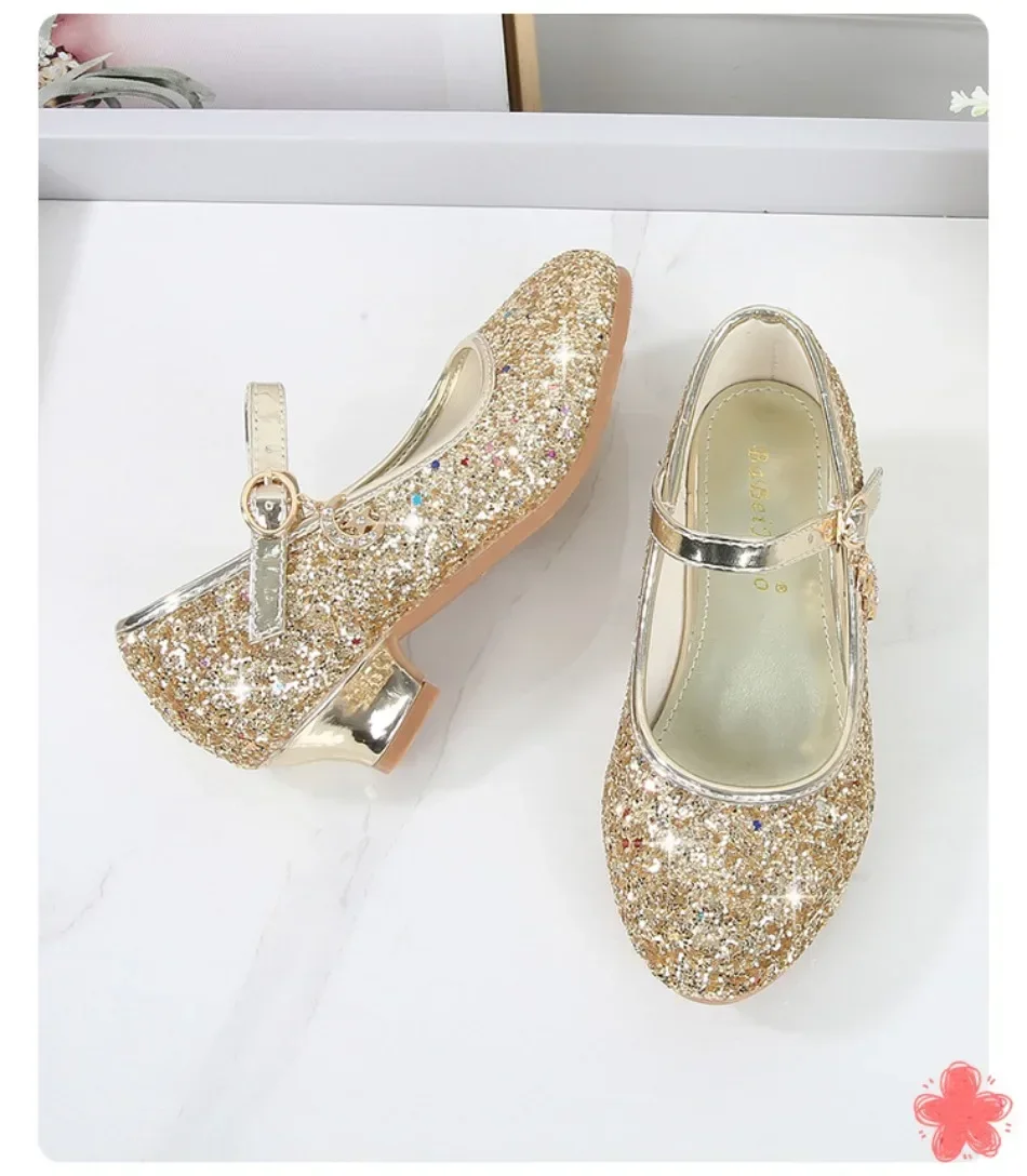 Girls Shoes Children High Heel Glitter Crystal Sandals Fashion Buckle Kids Princess Dance Shoe Student Performance Leather Shoes