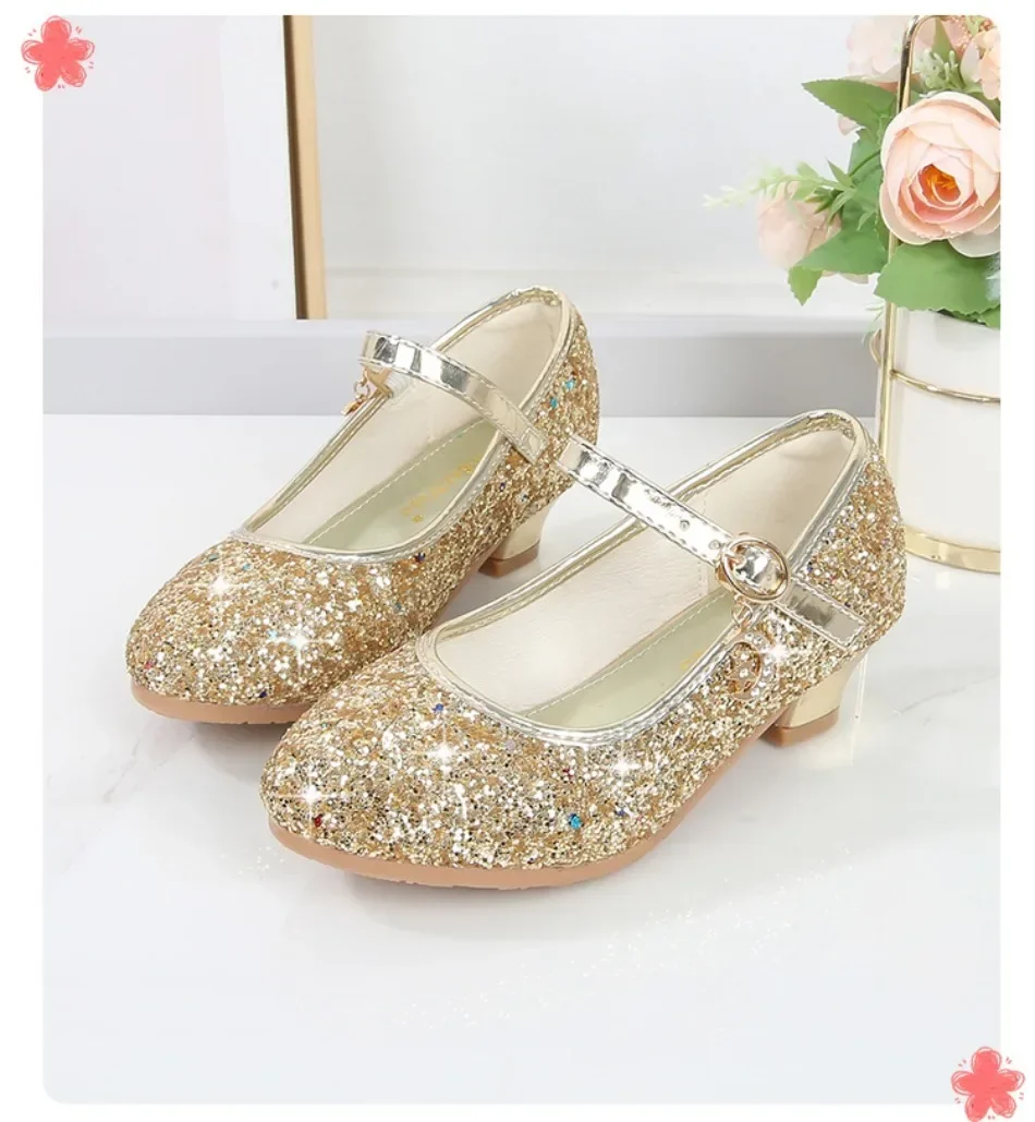 Girls Shoes Children High Heel Glitter Crystal Sandals Fashion Buckle Kids Princess Dance Shoe Student Performance Leather Shoes